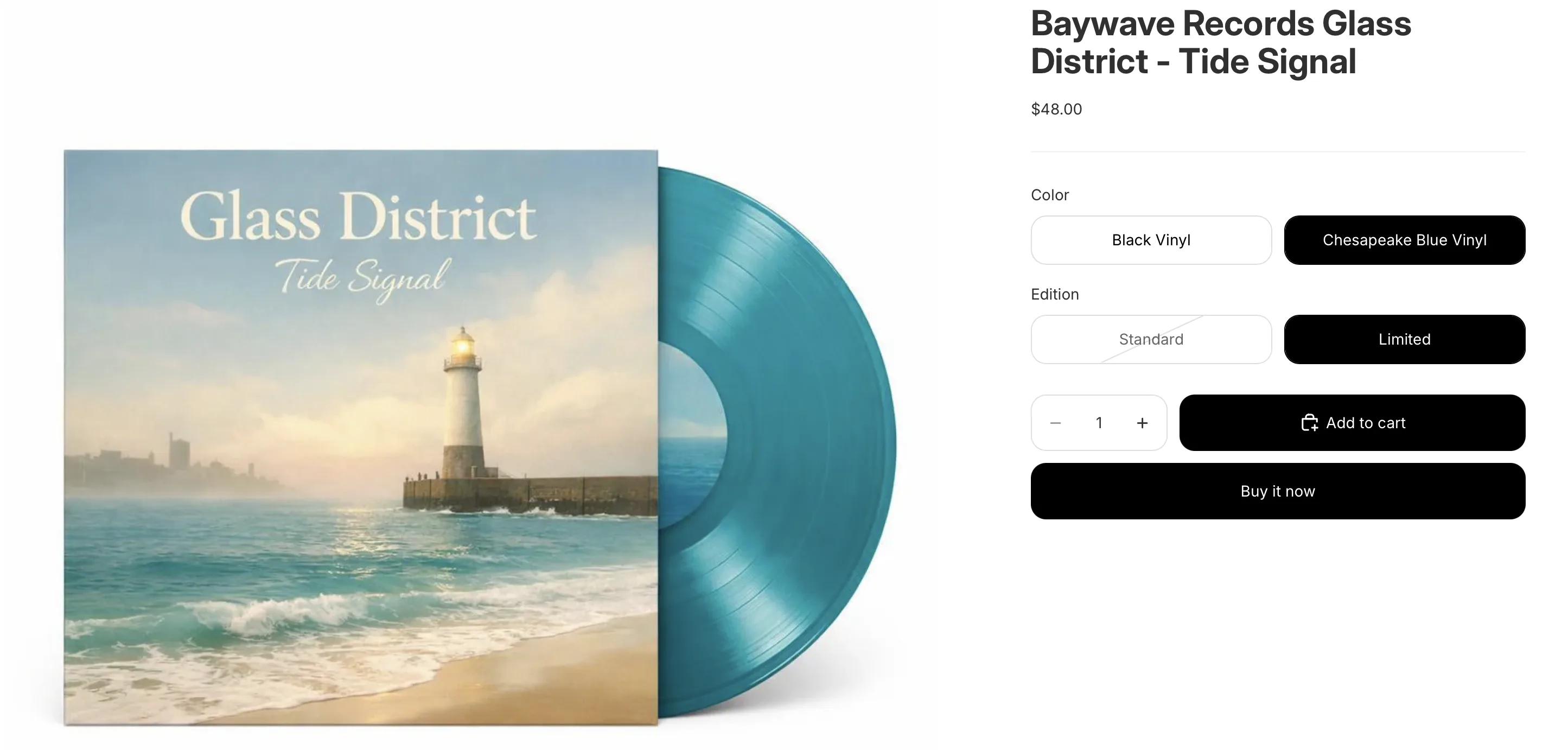 Shopify storefront product page for Baywave Records Glass District Tide Signal with Chesapeake Blue Vinyl selected.