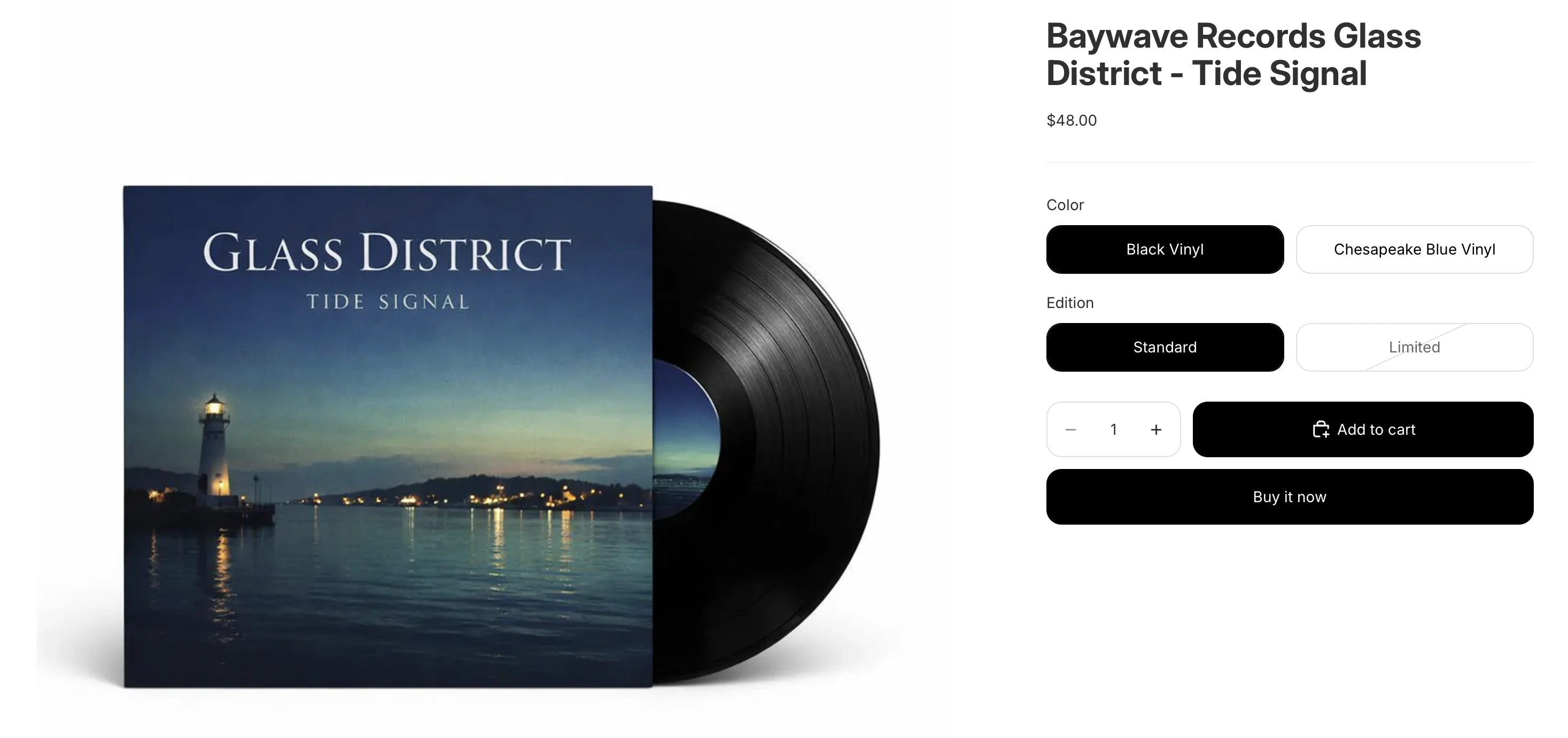 Shopify storefront product page for Baywave Records Glass District Tide Signal with Black Vinyl selected.