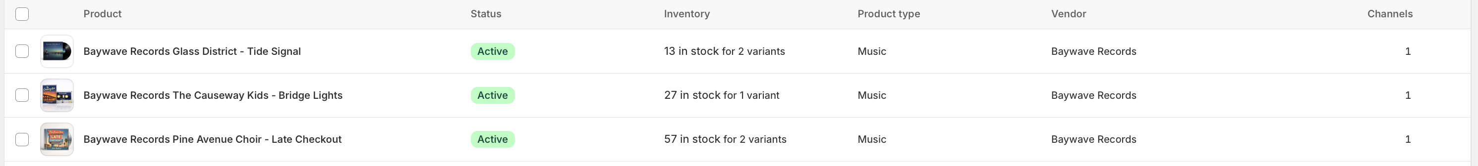 Shopify products list showing active products with images after Catalog Intake push.