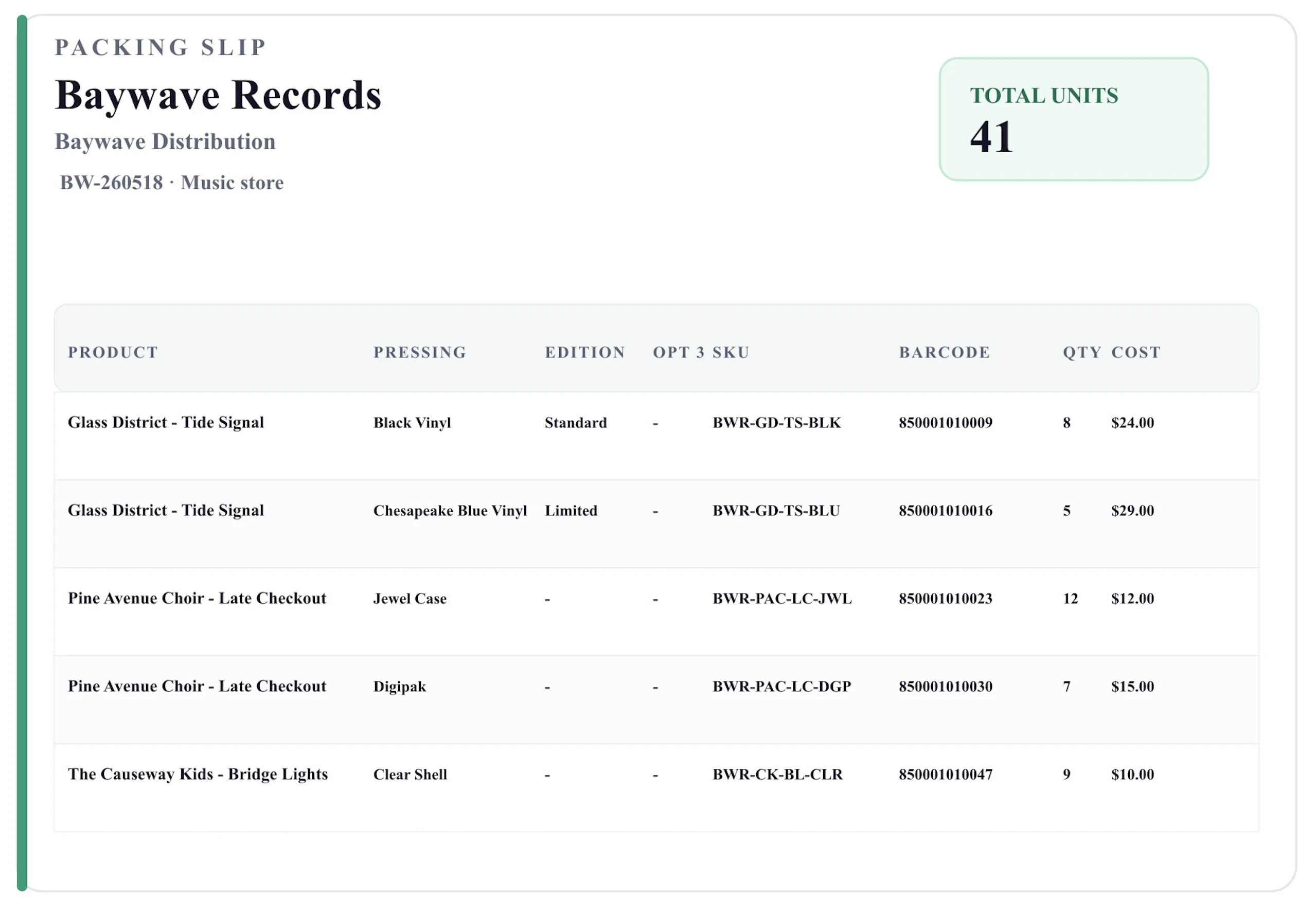 Record distributor packing slip showing product rows, variants, SKUs, barcodes, quantities, and cost.