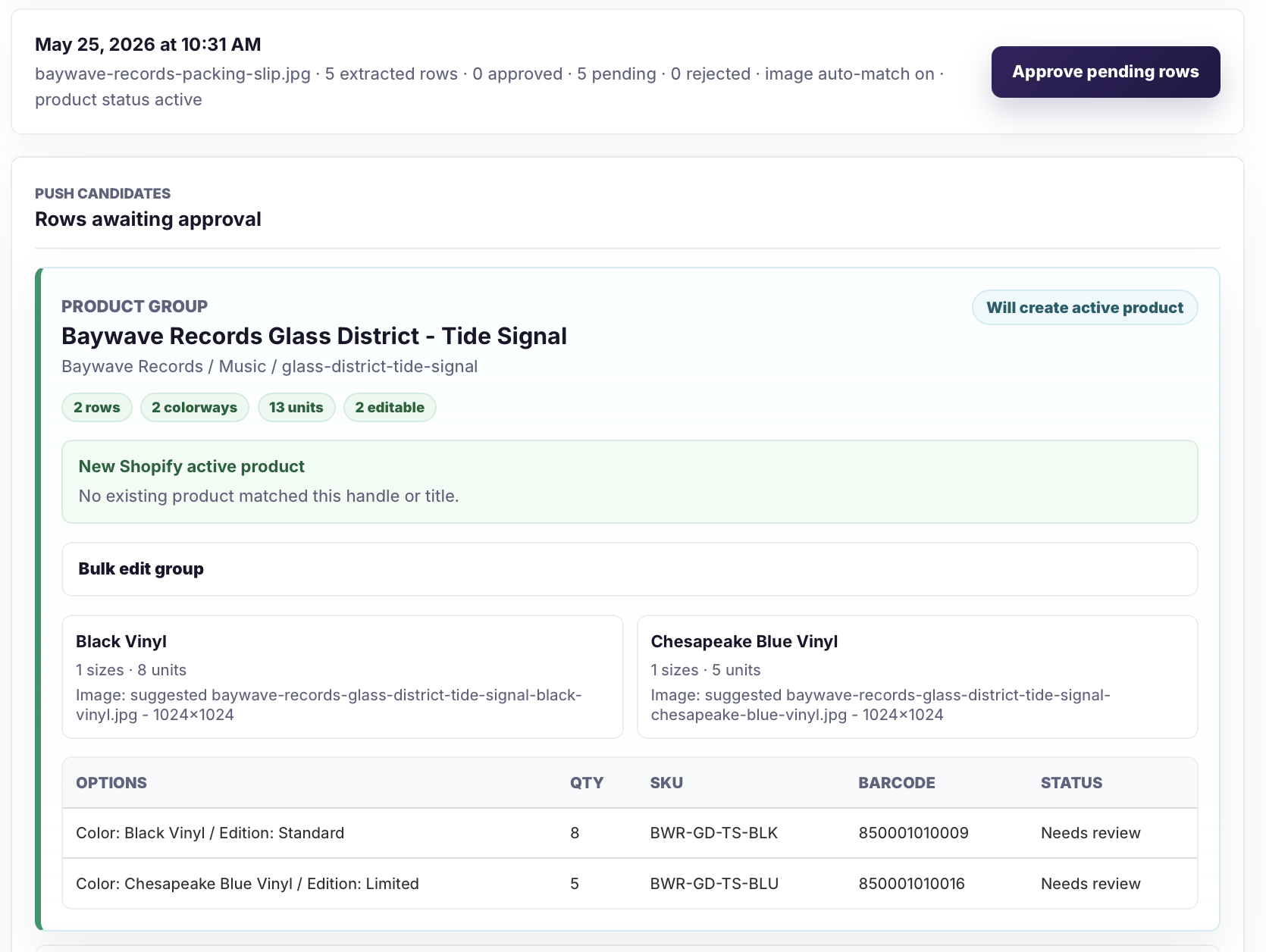 Catalog Intake grouped product review showing variants and suggested image matches.