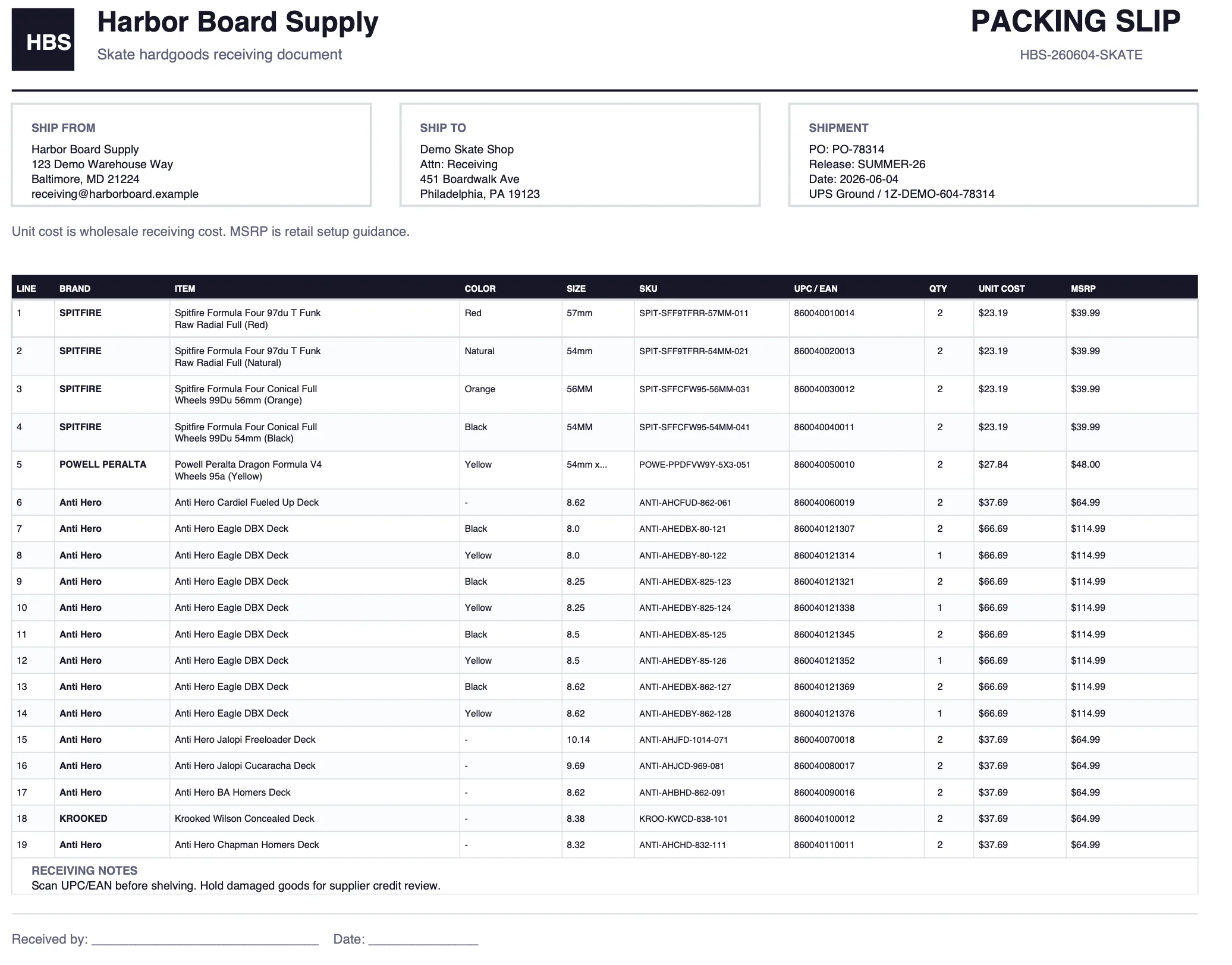 Harbor Board Supply packing slip with shipment details and skateboard product rows.