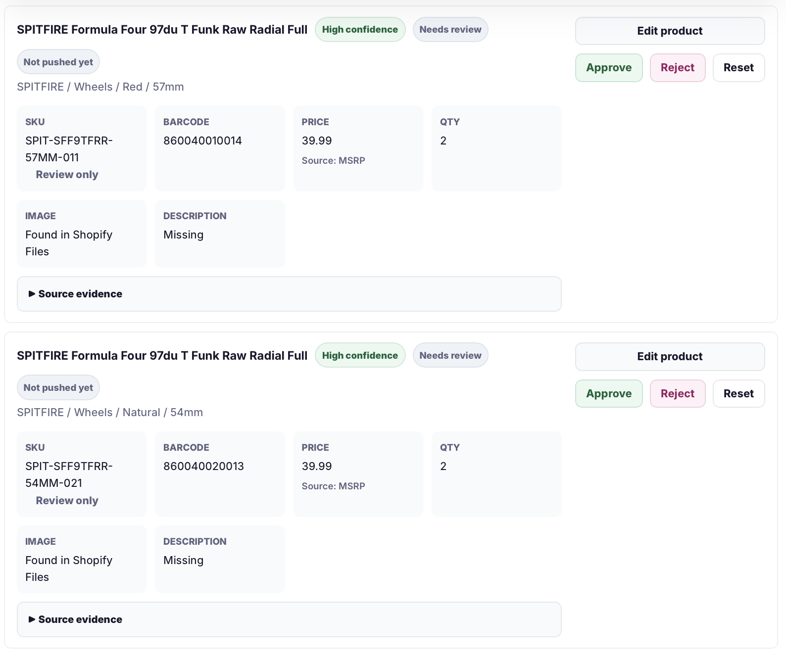 Catalog Intake variant review cards with approval controls, SKU, barcode, price, quantity, image, and source evidence.
