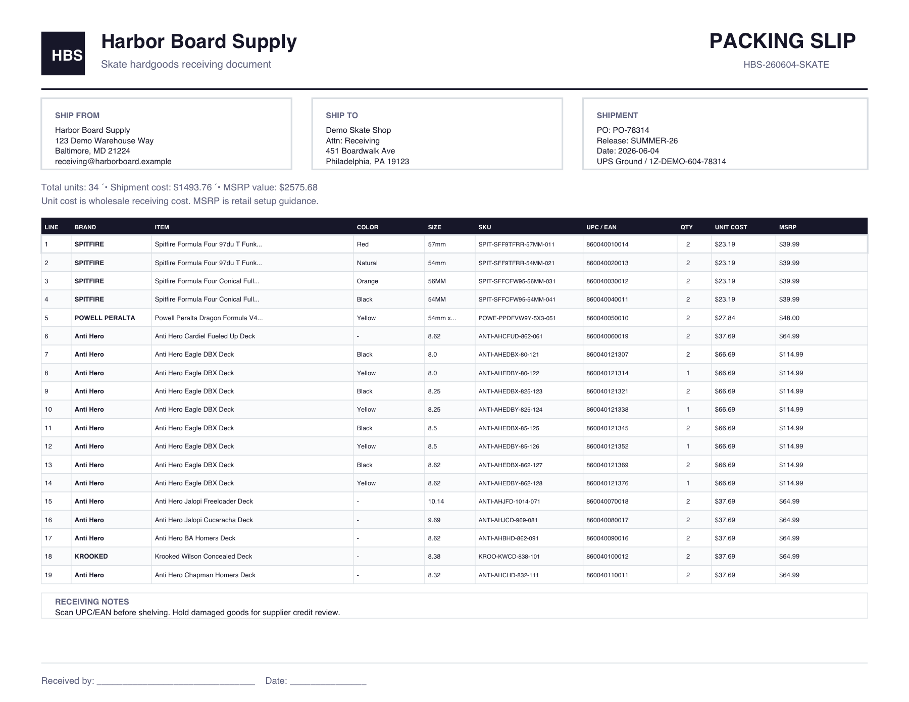 Skate shop packing slip with hardgoods, SKUs, UPCs, quantities, unit costs, and MSRP.